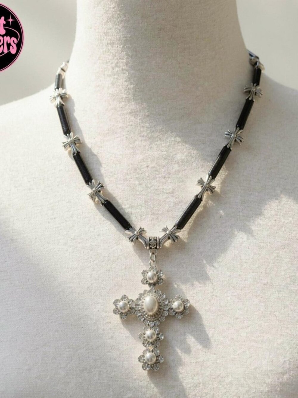 Y2K 2000s style Black and silver cross necklace with pearl details